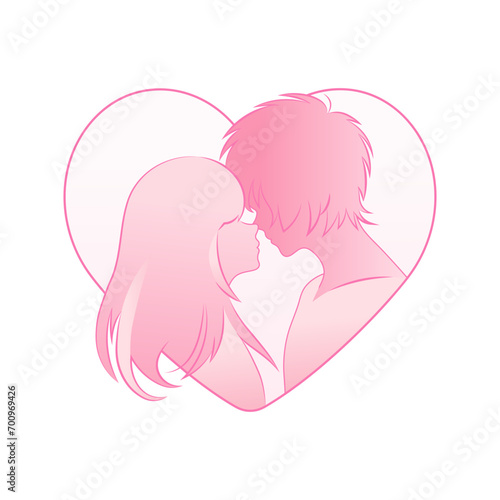 Silhouette of a Boy and a Girl Kissing Inside a Heart Shape. Anime Style, Outline of the Silhouette, Modern Gradient Illustration for Printing, Decoration, and Design for Valentine's Day.