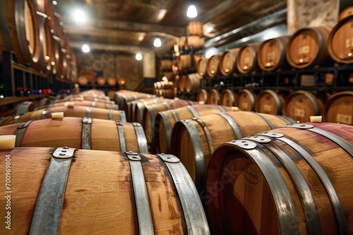 Wine barrels stacked in background of cellar of a winery. Industrial concept of production and drinks.