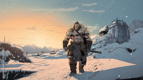concept art of barbarian with club travelling the snow lands photo