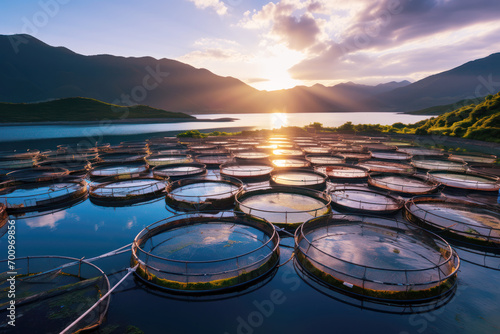 Aquaculture in floating fish farming cages of fish farm photo