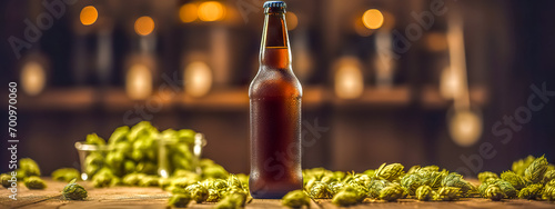  Craft beer bottle with hops on a wooden surface, warm bokeh background, mockup