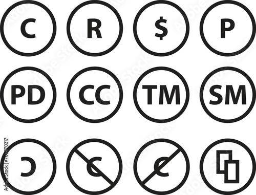 Licence and copyright sign set with trademark, creative commons, public domain and other icons photo