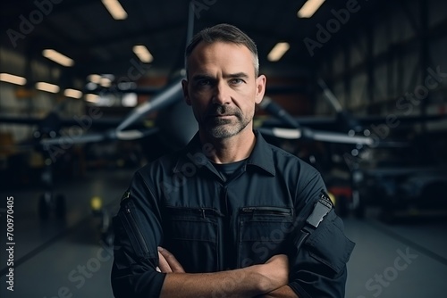 Portrait of a confident mature pilot standing with arms crossed in hangar © Nerea