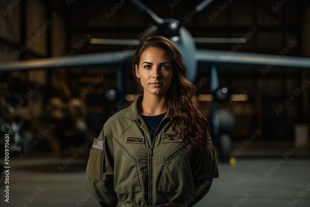 Portrait of a beautiful young woman in military uniform standing in an airplane hangar Portrait of a beautiful young woman in military uniform standing in an airplane hangar