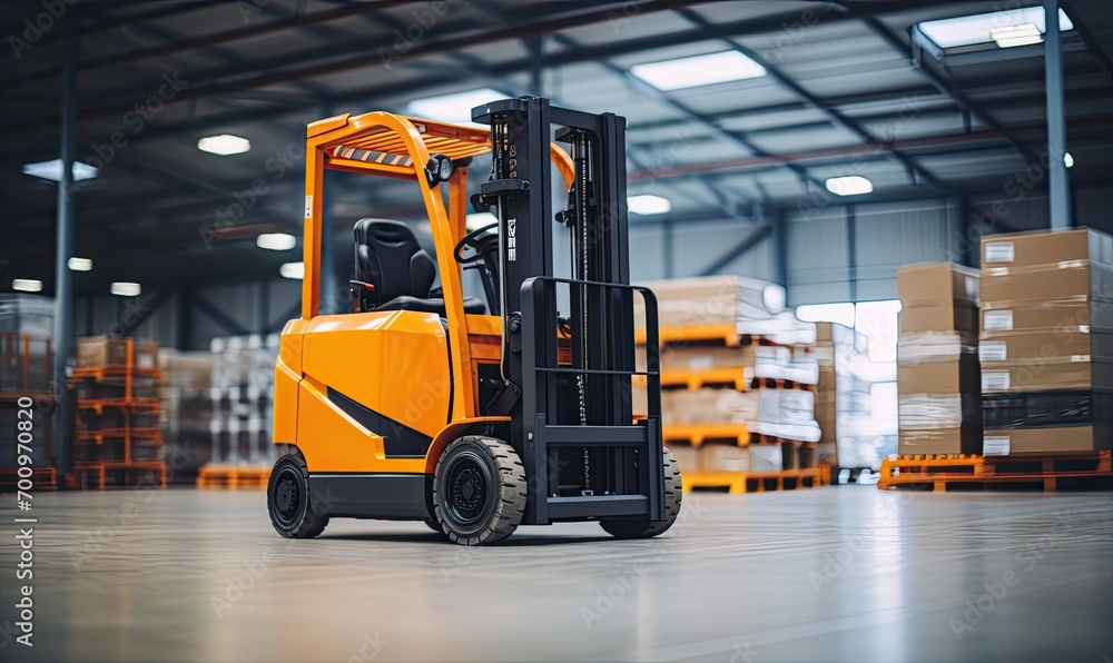 A Vibrant Forklift Amidst Stacked Pallets in a Spacious Warehouse A Vibrant Forklift Amidst Stacked Pallets in a Spacious Warehouse