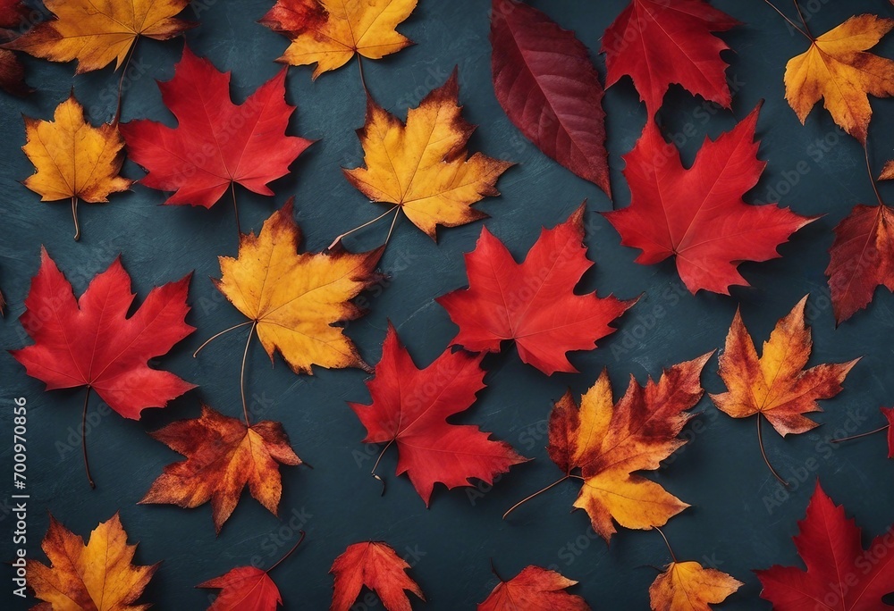 Autumn background with colored red leaves on blue slate background Top view copy space Autumn background with colored red leaves on blue slate background Top view copy space
