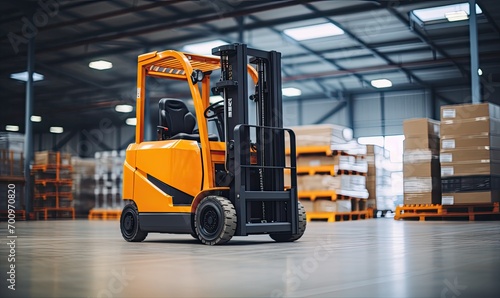 A Vibrant Forklift Amidst Stacked Pallets in a Spacious Warehouse