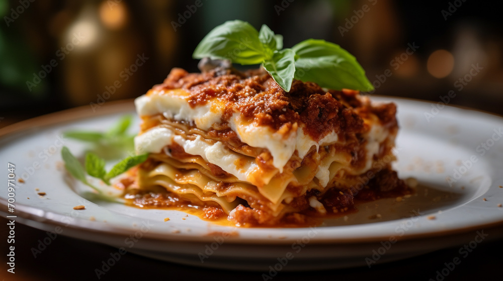 A fragrant plate of lasagna and vegetables, dripping with melted cheese and a fragrant tomato sauce A fragrant plate of lasagna and vegetables, dripping with melted cheese and a fragrant tomato sauce