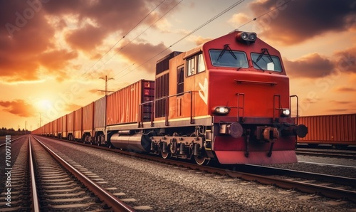 A Vibrant Red Train Speeding Through the Cloudy Skies
