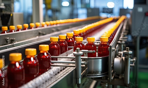 A Colorful Array of Liquid-Filled Bottles on an Automated Conveyor Belt