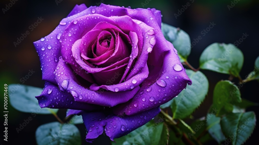 A romantic purple rose adorned with water droplets. Generative AI. A romantic purple rose adorned with water droplets. Generative AI.