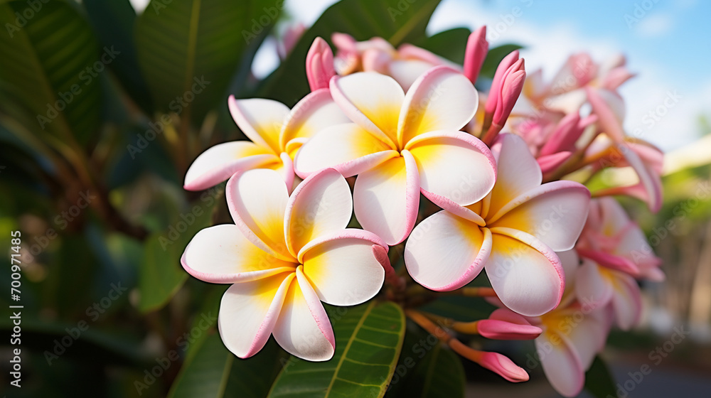 Fototapeta premium Plumeria. Shrubs with beautiful thick plumeria flowers