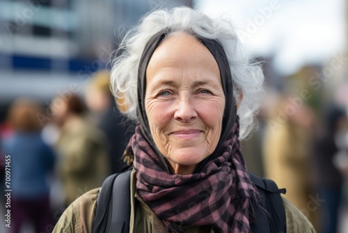 Portrait of senior woman in scarf on city street. Focus on face