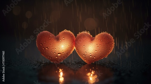 Softly glowing hearts illuminated in the rain  creating a romantic ambiance. Generative AI.