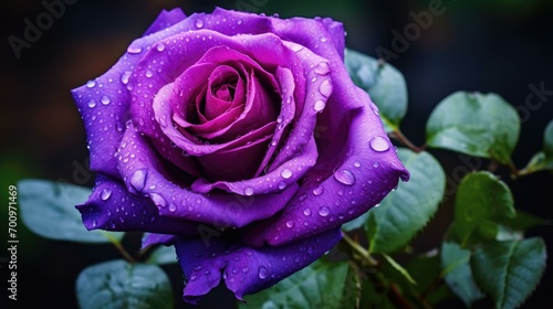 A romantic purple rose adorned with water droplets. Generative AI.