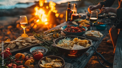 DInner calebration. Top - down view of wooden table full of tasty food, cheese, vegetables in warm sunset light