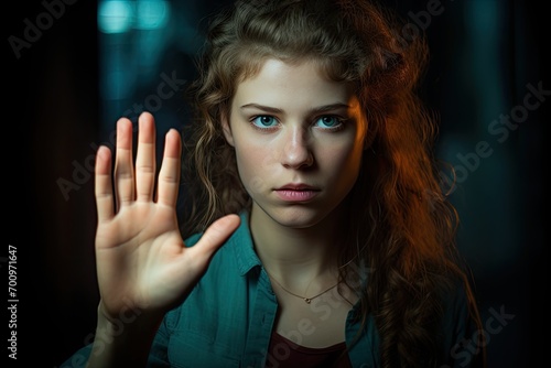 A woman signaling a stop or no gesture with her hand. photo