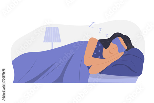 Woman Wearing Sleeping Mask and Sleep in Bed at Night Concept Illustration