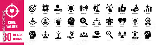 Core Values solid icons set. Core values, innovative, passion, leadership, accountability, goal, performance, client, empathy, success, motivation and quality. Vector illustration