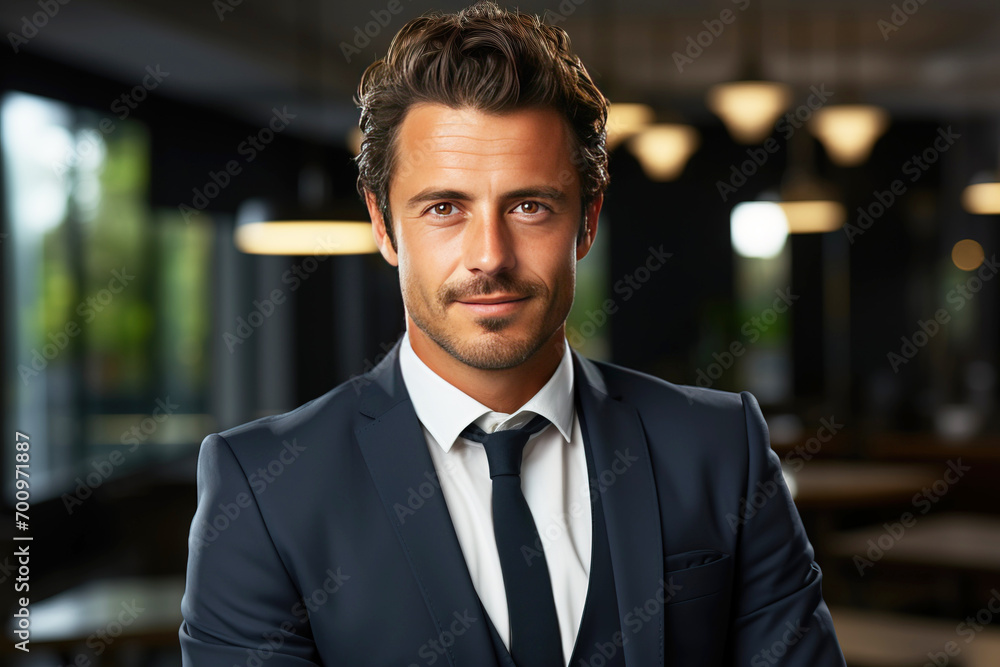 Fototapeta premium Young male confident businessman, blurred office background. Successful professional in suit, tie, entrepreneur.