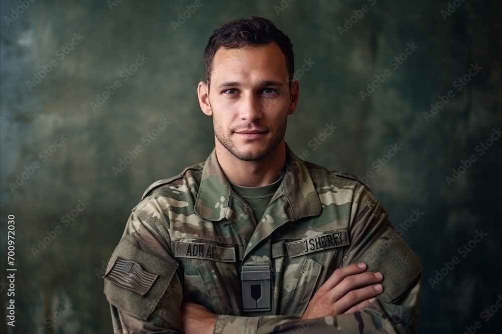Portrait of a young soldier standing with arms crossed against grunge background