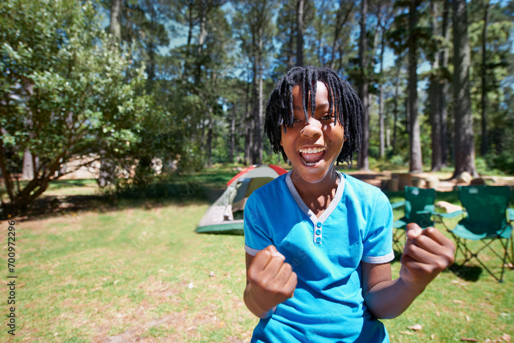 Child, portrait and excited for camping adventure in outdoors, happy and relaxing on vacation or holiday. Black male person, kid and face or confident in park, childhood and summer or freedom on lawn Child, portrait and excited for camping adventure in outdoors, happy and relaxing on vacation or holiday. Black male person, kid and face or confident in park, childhood and summer or freedom on lawn