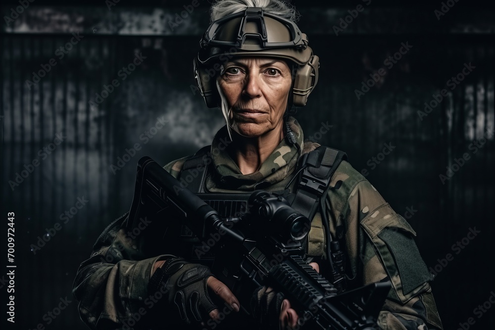 Portrait of a mature woman soldier with assault rifle over dark background.