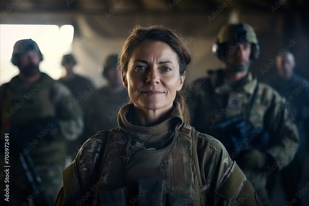 Portrait of confident female soldier looking at camera with soldiers in background