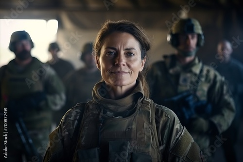 Portrait of confident female soldier looking at camera with soldiers in background