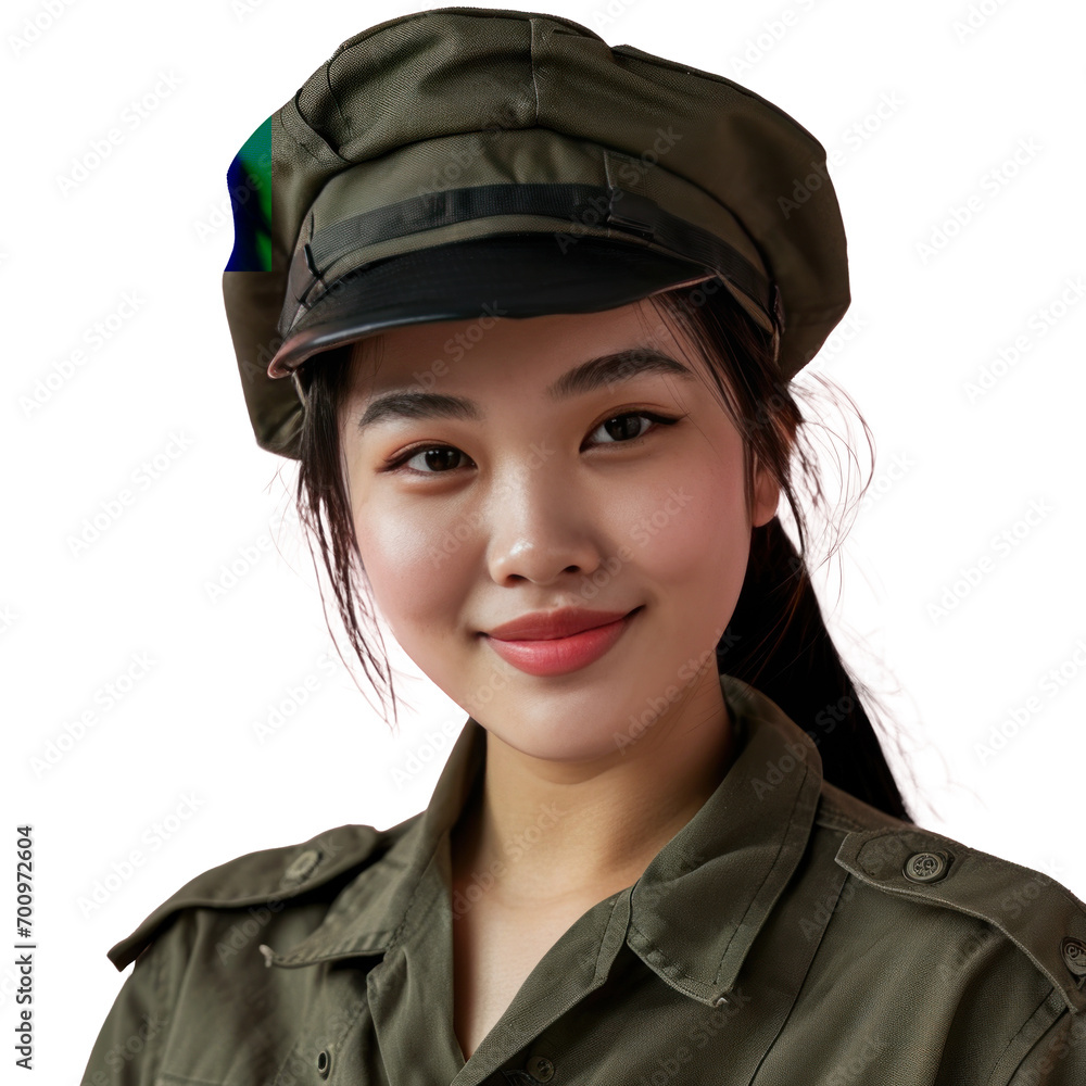 Asian woman in Paramilitary Forces uniform on transparent background Asian woman in Paramilitary Forces uniform on transparent background