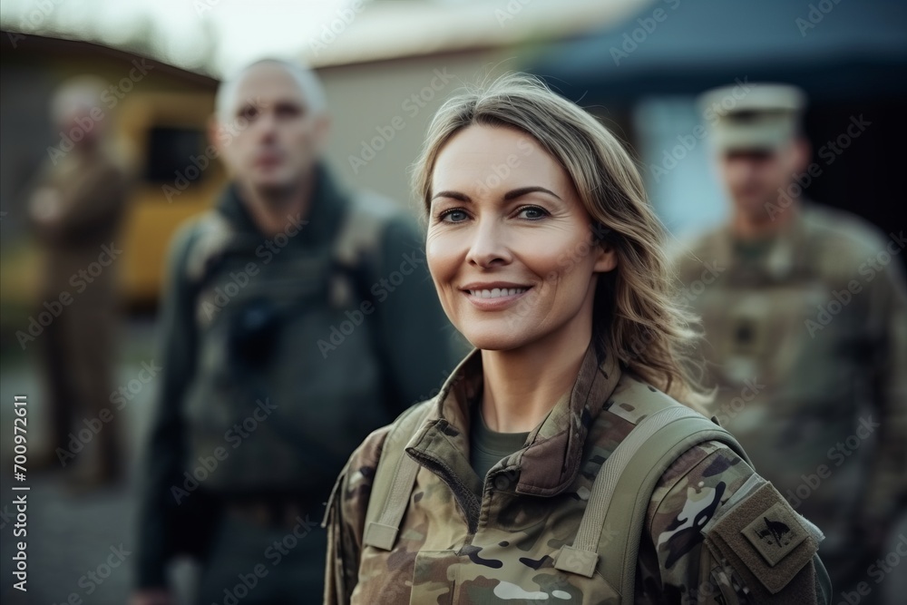 Portrait of a beautiful woman in a military uniform with soldiers in the background