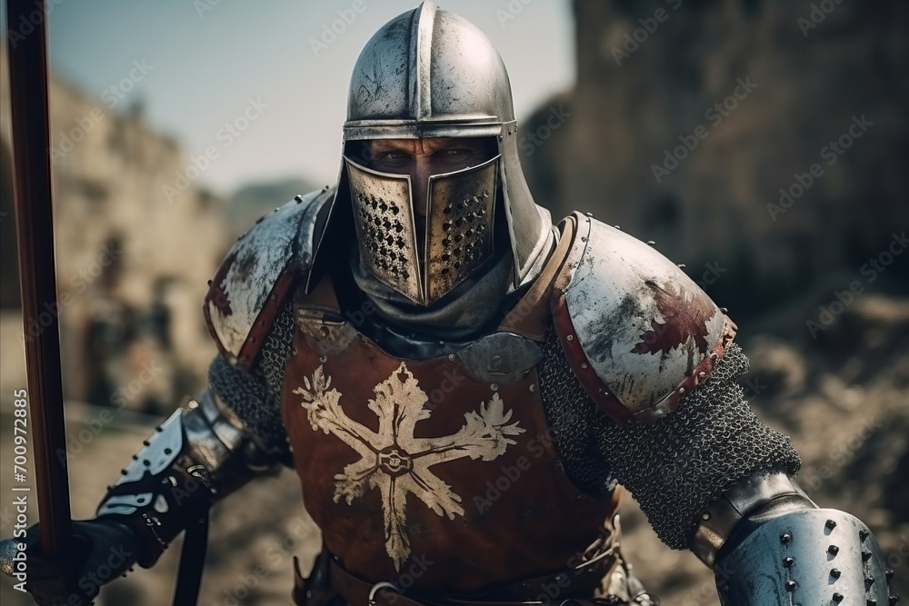 Knight in armor against the backdrop of the ruins of the ancient city Knight in armor against the backdrop of the ruins of the ancient city