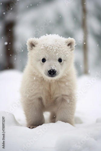 cute little polar bear on the background of a snowy forest © Артур Комис