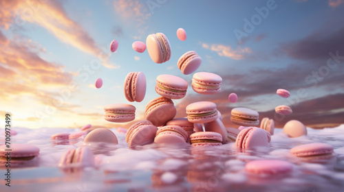 French macaroons fly in the air among crumbs against the backdrop of pink clouds photo