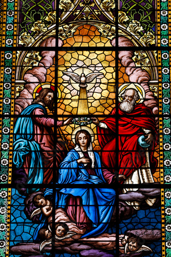 Basilica of the National Vow (Spanish: BasÃ­lica del Voto Nacional), Roman Catholic church located in the historic center of Quito, Ecuador. Stained glass depicting Mary's coronation