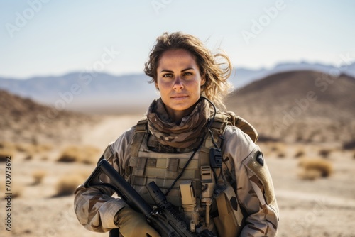 Portrait of a beautiful woman soldier in the middle of the desert