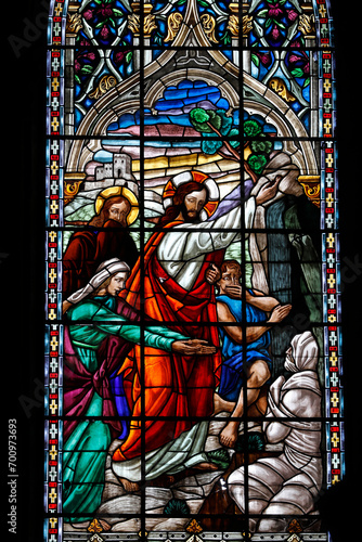 Basilica of the National Vow (Spanish: BasÃ­lica del Voto Nacional), Roman Catholic church located in the historic center of Quito, Ecuador. Stained glass depicting Jesus performing a miracle photo