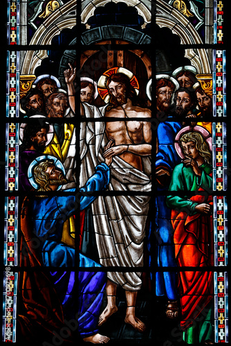 Basilica of the National Vow (Spanish: BasÃ­lica del Voto Nacional), Roman Catholic church located in the historic center of Quito, Ecuador. Stained glass depicting Jesus with disciples photo