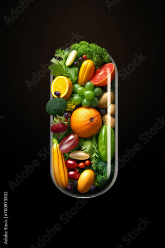 Vitamin pill capsule with fruits and vegetables. Nutrition supplemet and health eating concept photo