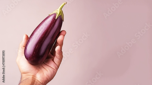 Hand holding eggplant vegetable isolated on pastel background photo