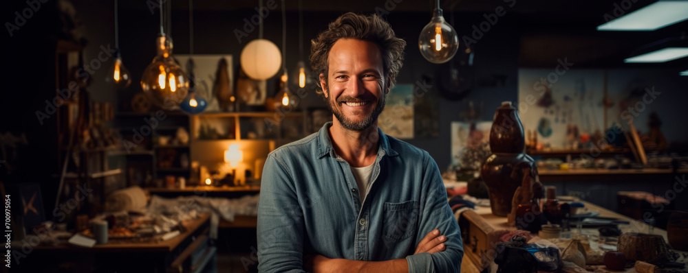 Bearded man with friendly smile, casual button-down shirt in glasses,stands in well-organized art studio, crossing his arms relaxed manner,advertising creative studios,profiles of professional artists