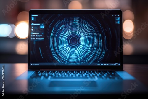 a laptop with a virtual fingerprint, showing the concept of cybersecurity 