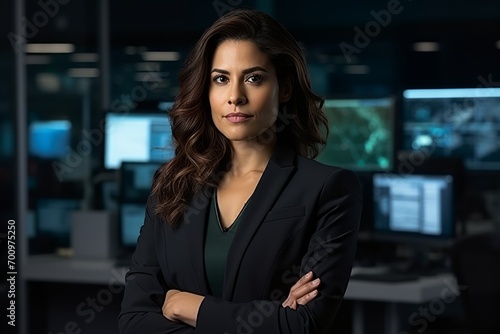 Portrait of a beautiful businesswoman in front of computer monitors at night