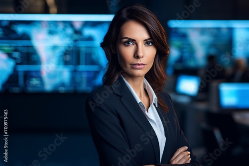 Portrait of a confident businesswoman in front of computer monitors.