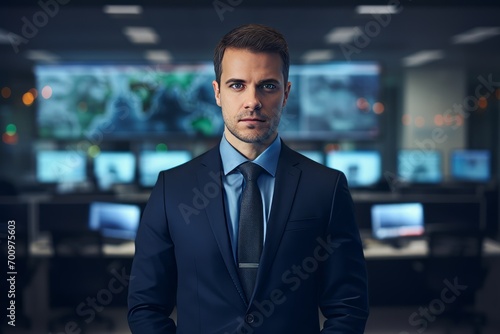 Portrait of a serious businessman standing in front of computer monitors.
