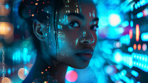 futuristic tech black woman with Line of Code Projected on Her Face and Reflecting. Software Developer Working on Innovative e-Commerce App using AI, Big Data © K