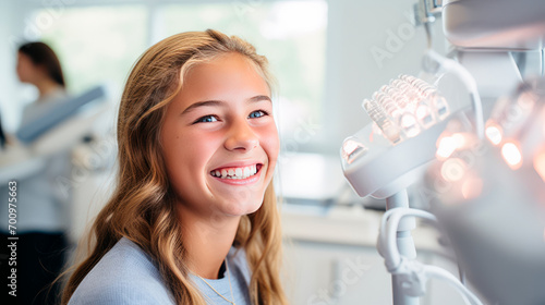 A cheerful teenage girl with braces sits in a dental clinic, her smile bright and confident as she interacts with dental equipment during an orthodontic visit. Dental Health photo