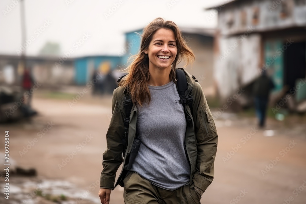 Portrait of a beautiful young woman with backpack smiling at the camera