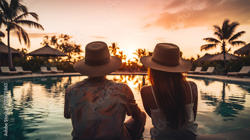 couples sitting near pool in luxuary villia near beach enjoying sunset or sunrise