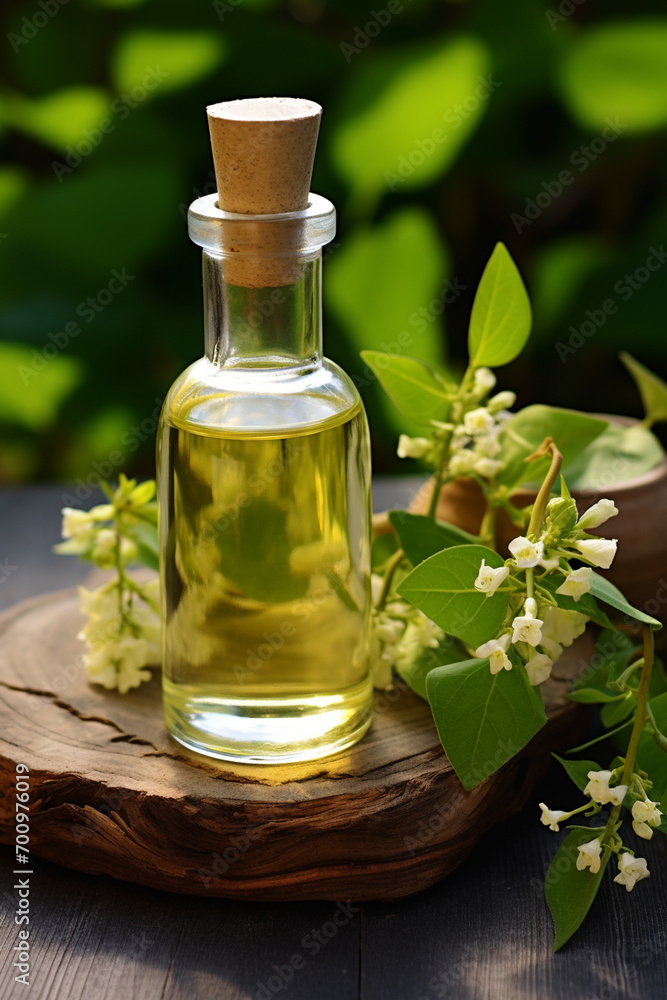 Styrax essential oil in a bottle on a wooden background Styrax essential oil in a bottle on a wooden background